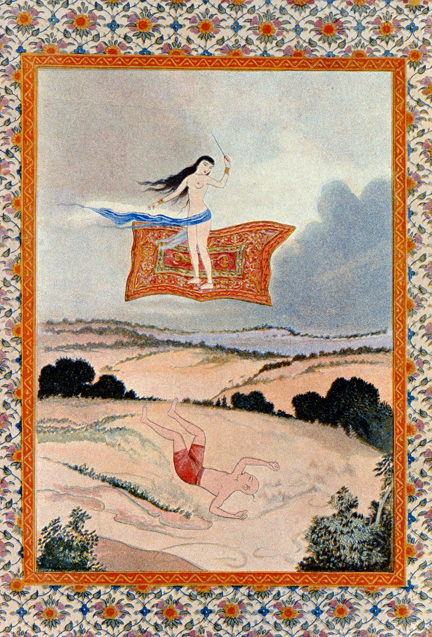 Fly, O Magic Carpet og Transport Me, illustrasjon fra The Arabian Nights. 1895 (fargegravering) av French School