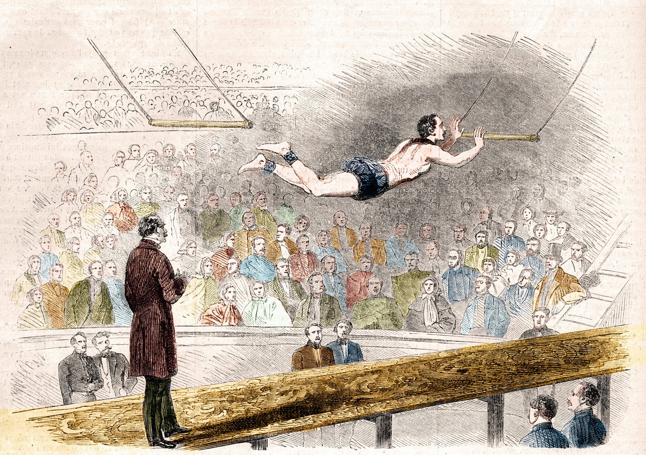Flygende trapesnummer av den franske akrobaten Jules Leotard (1839-1870) ved Cirque de Napoleon (i dag Cirque d