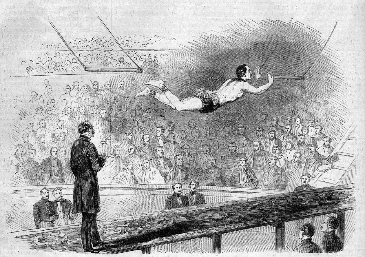 Flygende trapesnummer av den franske akrobaten Jules Leotard (1839-1870) ved Cirque de Napoleon (i dag Cirque d'Hiver), Paris av French School