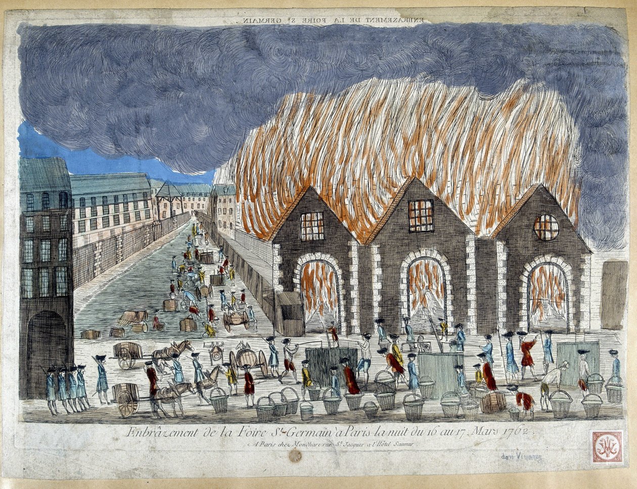 Fair of the Foire Saint Germain i Paris, natten fra 16. til 17. mars 1762 - gravering av French School