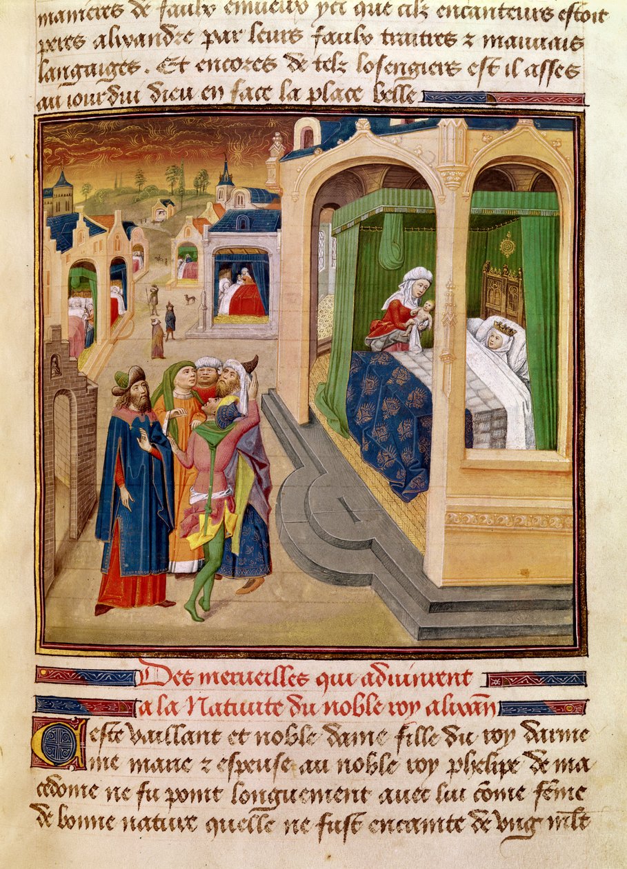 Fol.10r Underverkene som skjedde ved fødselen av Alexander den store (356-323 f.Kr.) illustrasjon fra en bok av Jean Wauquelin, fra Histoire du Grand Alexandre 1460 av French School