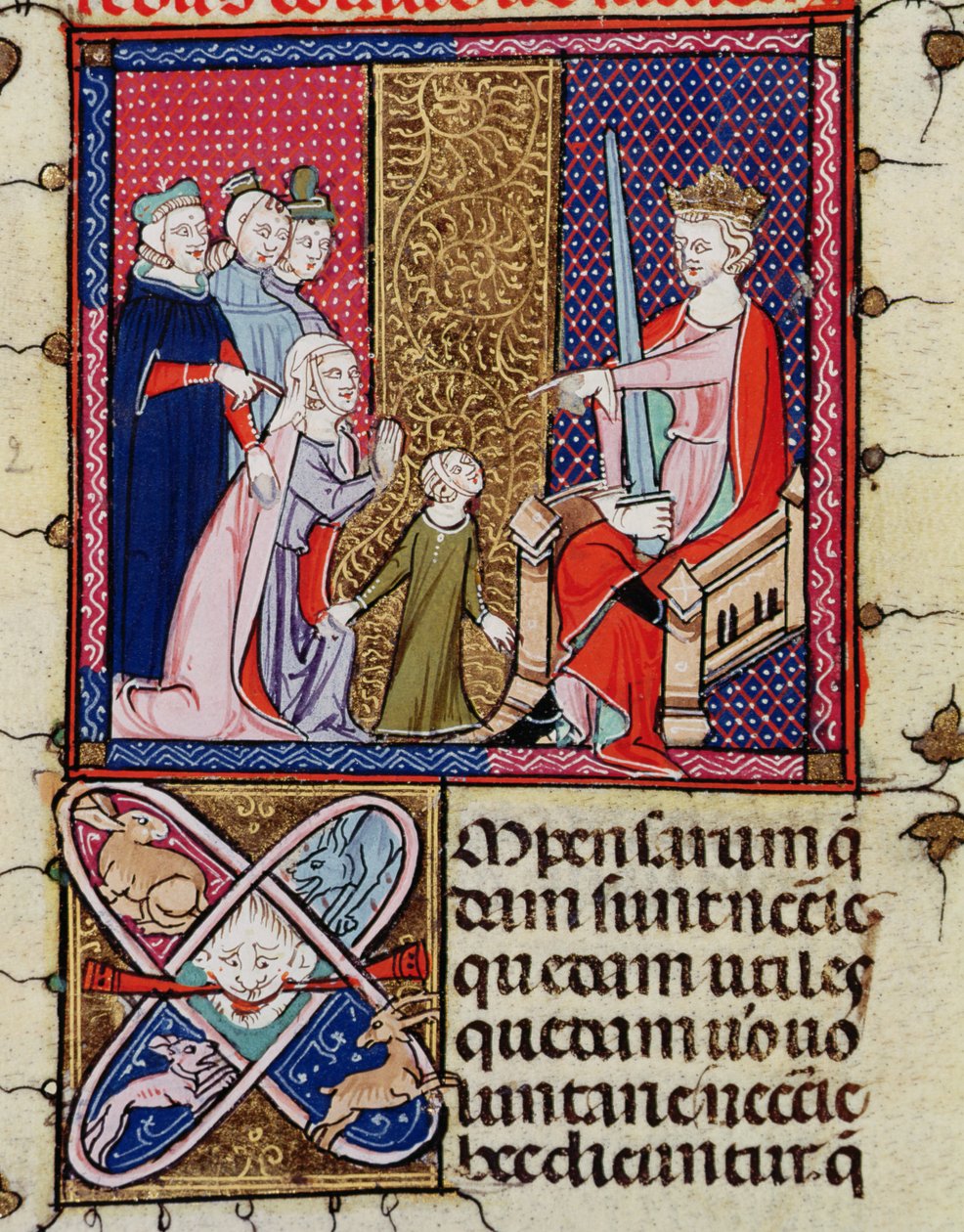 Fol.11v Et barn og hennes mor viser seg foran en dommer, fra Justiniani i Fortiatum av French School