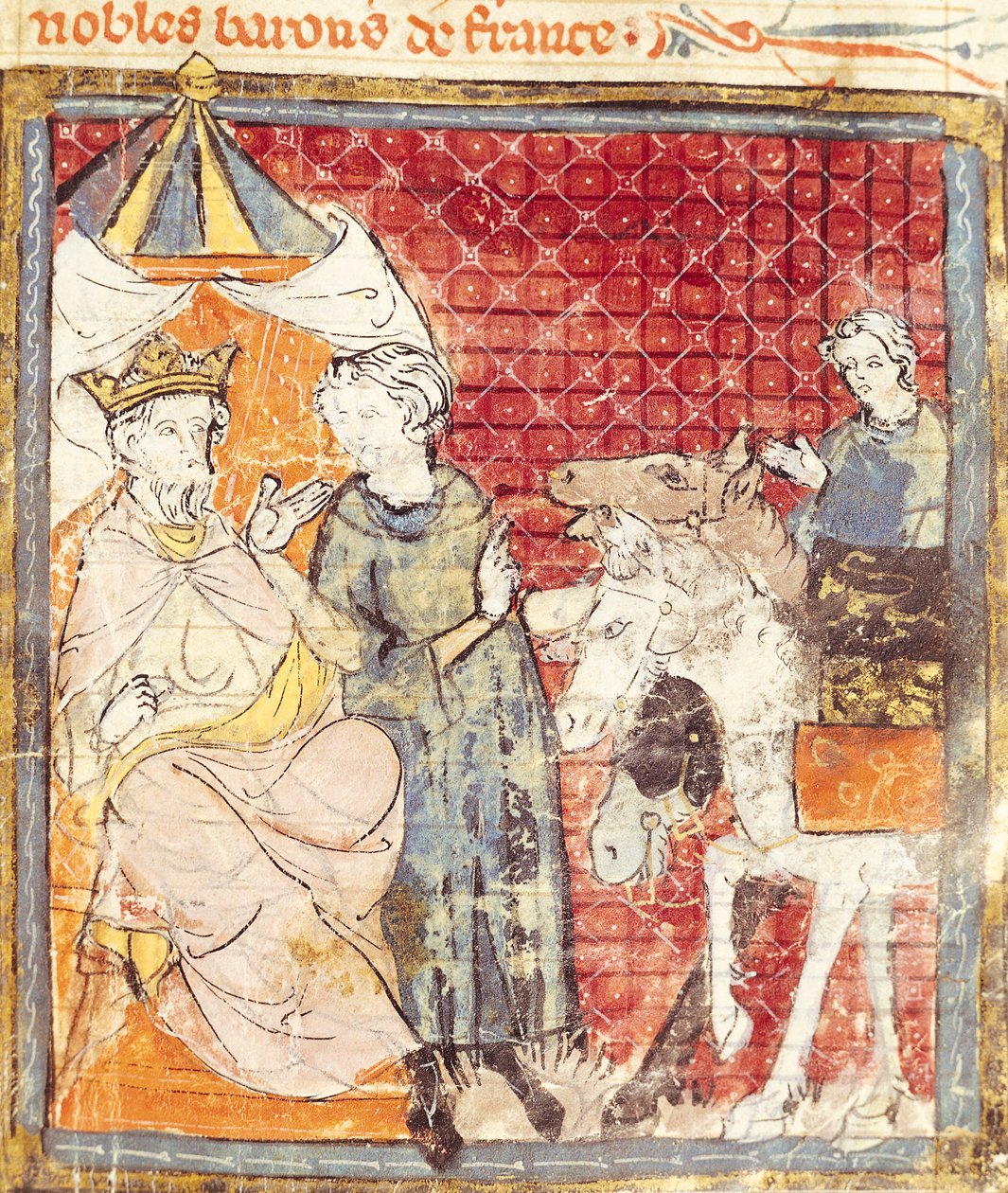 Fol.133r Roland tar farvel med Charlemagne (742-814), Grandes Chroniques de France, 1375-79 av French School