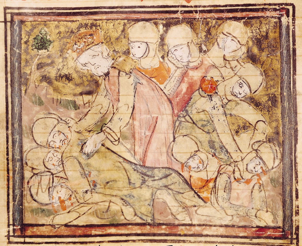 Fol.136v Hvordan Charlemagne (742-814) fant Roland død, fra Grandes Chroniques de France, 1375-79 av French School