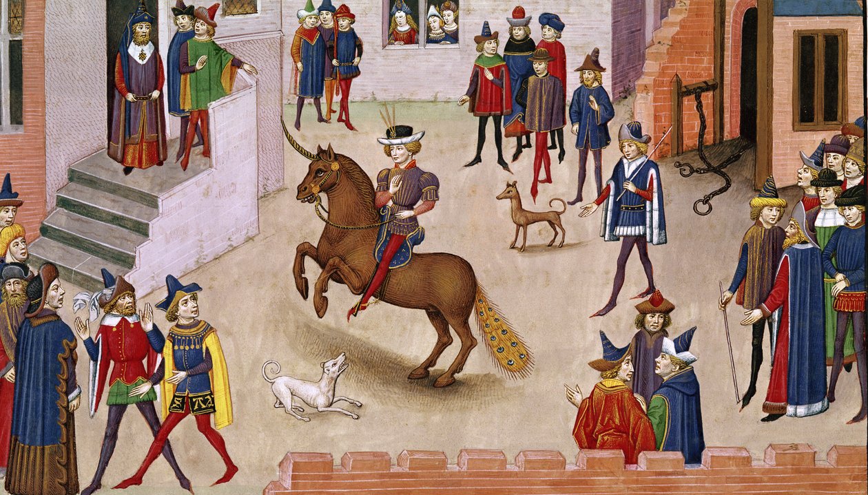 Fol.17v Hvordan Alexander den store (356-323 f.Kr.) monterte Bucephalus, fra Histoire du Grand Alexandre 1460 av French School