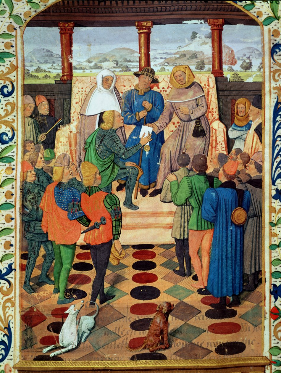 Fol.185v Charles VII (1403-61) gir et dokument til Jeanne d'Arc (1412-31) fra Le Jouvencel av Jean de Bueil (1405-78) av French School