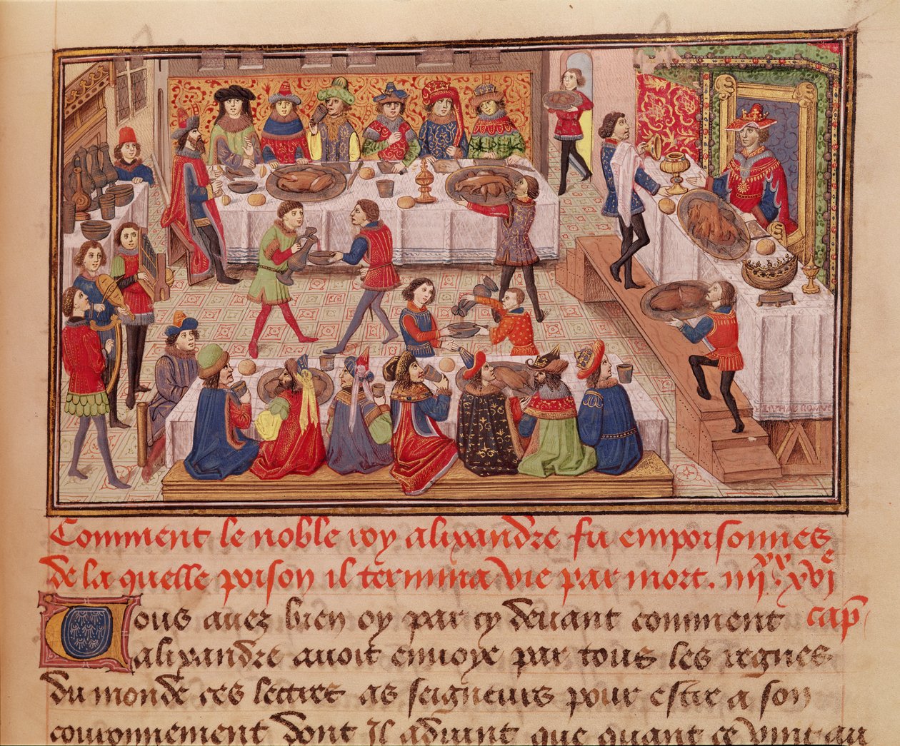 Fol.298r Hvordan den edle kong Alexander ble forgiftet, illustrasjon fra en bok av Jean Wauquelin, fra Histoire du Grand Alexandre 1460 av French School
