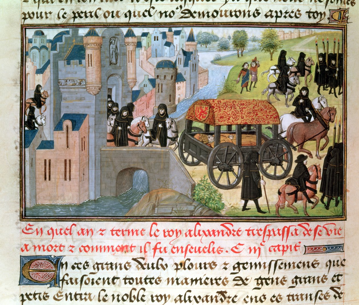 Fol.305v Hvordan Alexander den store (356-323 f.Kr.) gikk bort og ble begravet, fra manuskriptet til Jean Vauquelin, fra Histoire du Grand Alexandre, 1460 av French School