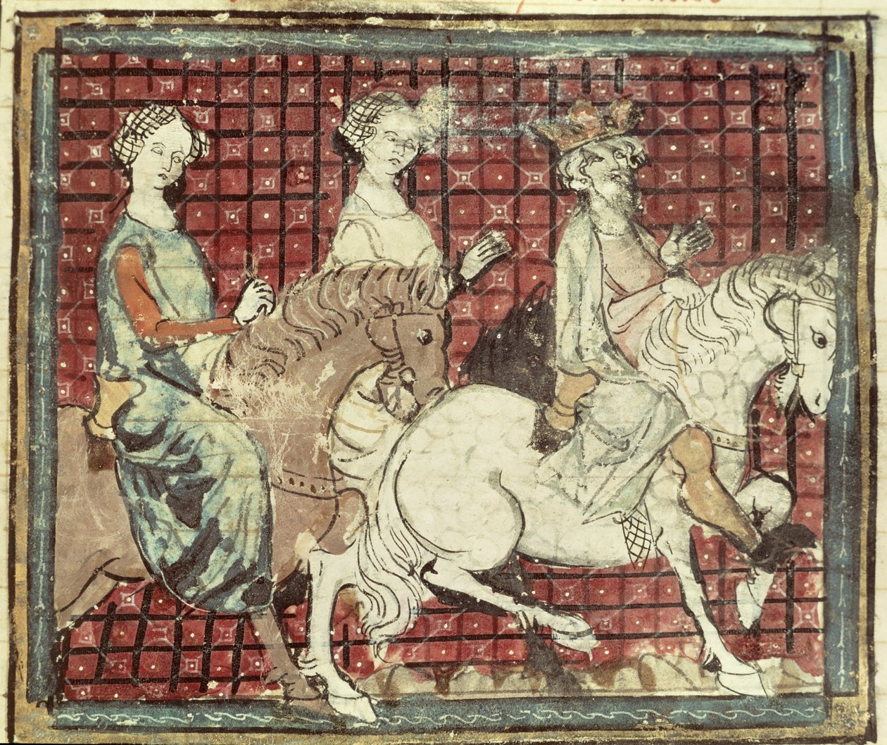 Fol.31r Chilperic I (543-97) og Fredegonde til hest, fra Grandes Chroniques de France, 1375-79 av French School