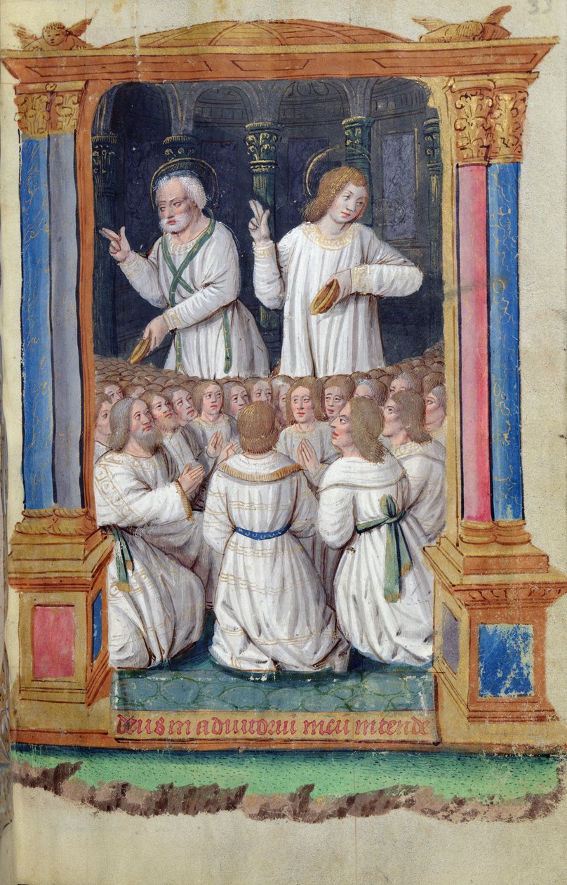 Fol.33r St. Peter og St. Johannes formaner de troende, fra Heures a lUsage de Rome av French School