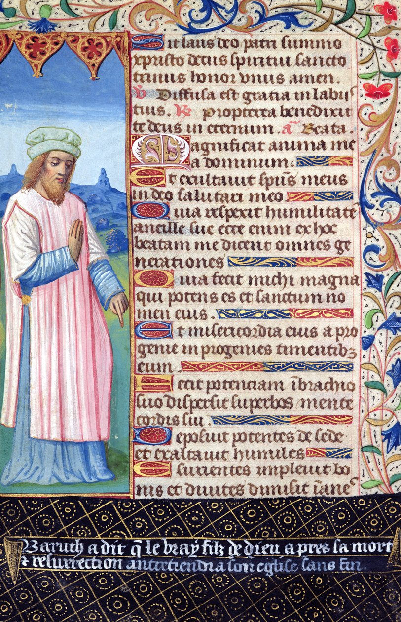 Fol.36v Tekst av Magnificat med et portrett av Baruch, fra Heures a lUsage de Rome av French School