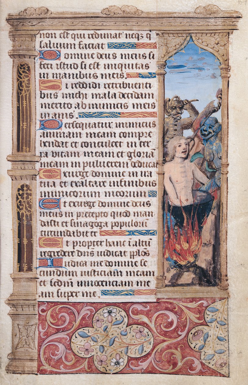 Fol.67r Side med tekst med en kantdetalj av en mann som blir torturert av to demoner, fra "Heures de l"Usage de Rome" av French School