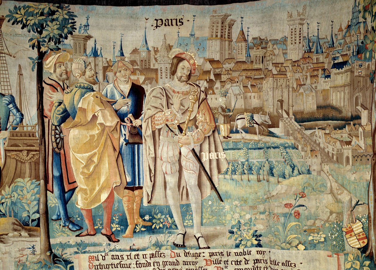 Fondation de la ville de Paris. Kong Francois I (1494-1547) bestemte seg for å etablere sin permanente hovedstad i Paris da han kom tilbake fra fangenskap i 1527. Tapetet av "The fabulous history of the Gaules"" laget av verkstedet til Arras. 1530 Beauvais av French School