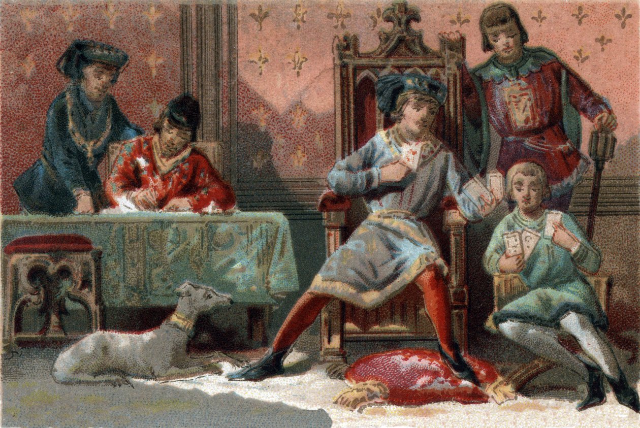 For distraksjon pleide kongen av Frankrike Charles VI (1368-1422) å spille kort. Kromolitografi rundt 1890. av French School