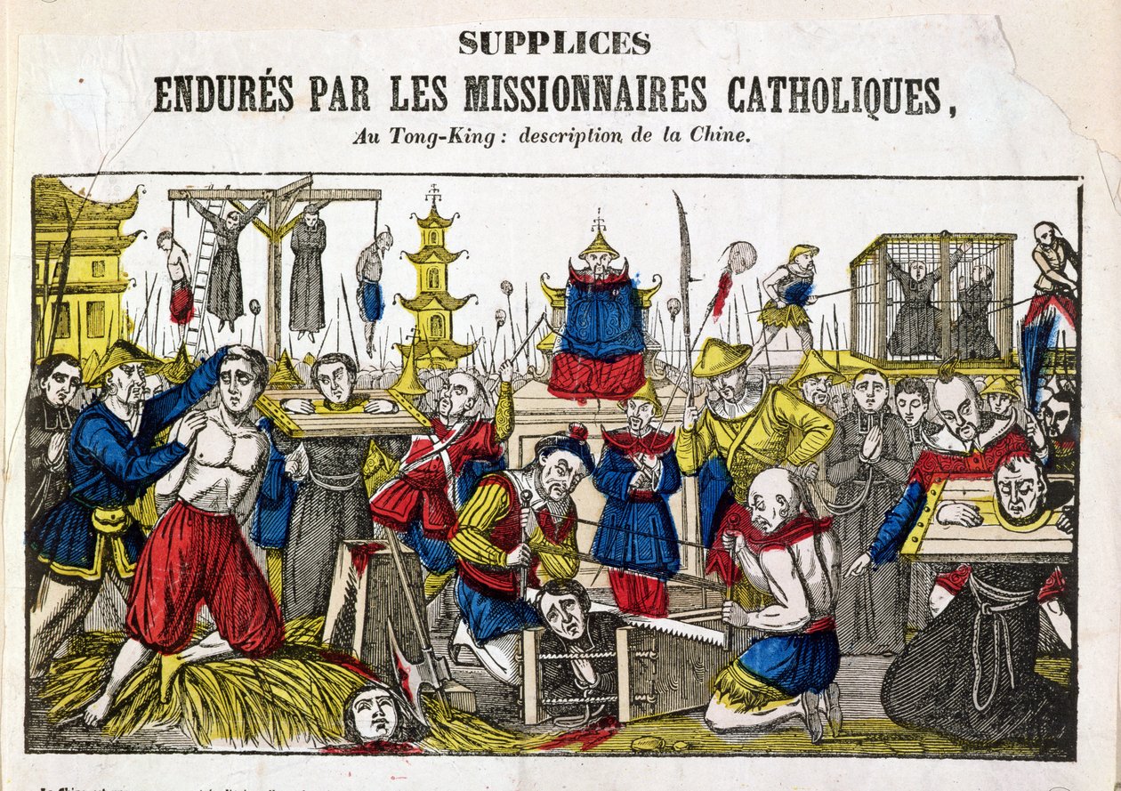 Former for tortur som ble utholdt av de katolske misjonærene i Tonking, Kina, 1840 av French School