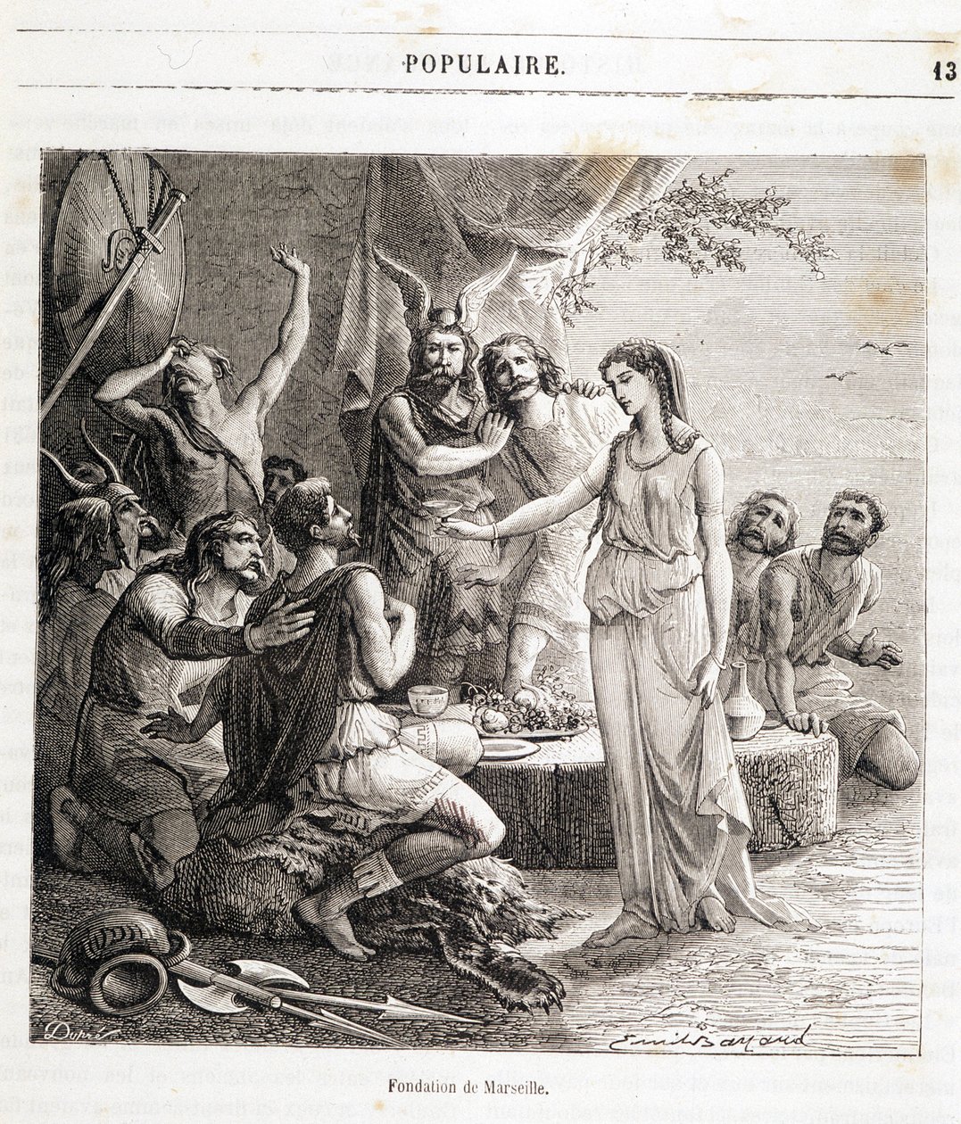 Grunnleggelsen av Marseille: den franske byen ble grunnlagt av greske sjømenn i 600 f.Kr. Gravering i "Histoire de France populaire"" av Henri Martin. 1800-tallet av French School