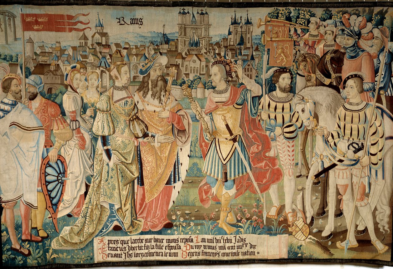 Grunnleggelsen av byen Reims: Remus giftet seg med datteren sin med kong Francus, sønn av Hector. Tapetet av "The fabulous story of the gallers"" laget av verkstedet til Arras av French School