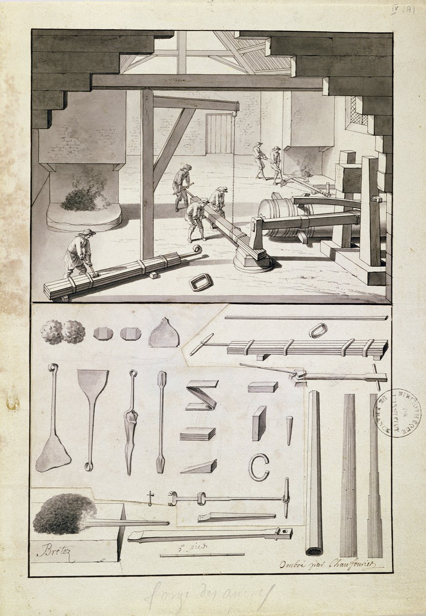 Støperi, tegning for Description des Arts et Métiers, av L. Simonneau, som inspirerte Diderot for Encyclopédie av French School