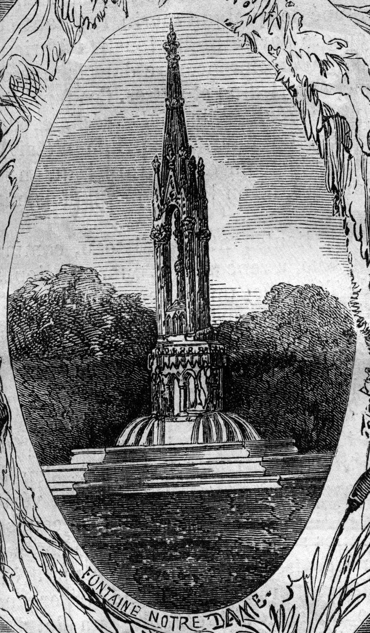 Paris-fontenen: utsikt over jomfrufontenen (Notre Dame-fontenen) (cirka 1845). Gravering i "" Le Monde Illustré"" nr. 254 av 22. februar av French School