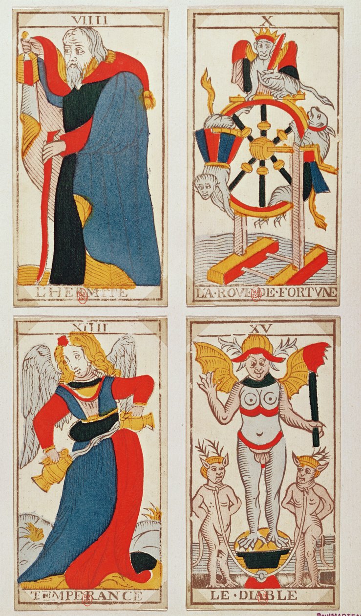 Fire tarotkort som viser Eremitten, Lykkehjulet, Temperance og Djevelen (farget tregravering) av French School