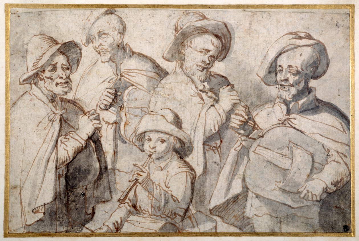 Fire sløyfespillere og en gutt med pipe, ca. 1650-99 (penn og blekk på papir) av French School