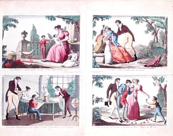 Fire scener som skildrer foreldreansvar, tidlig på 1800-tallet (farget gravering) av French School