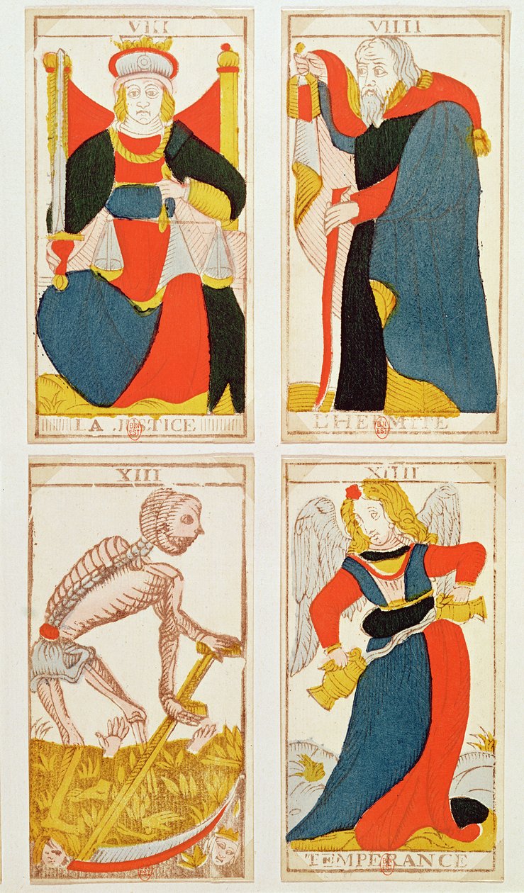 Fire tarotkort som viser rettferdighet, måtehold, død og eremitten (farget tregravering) av French School