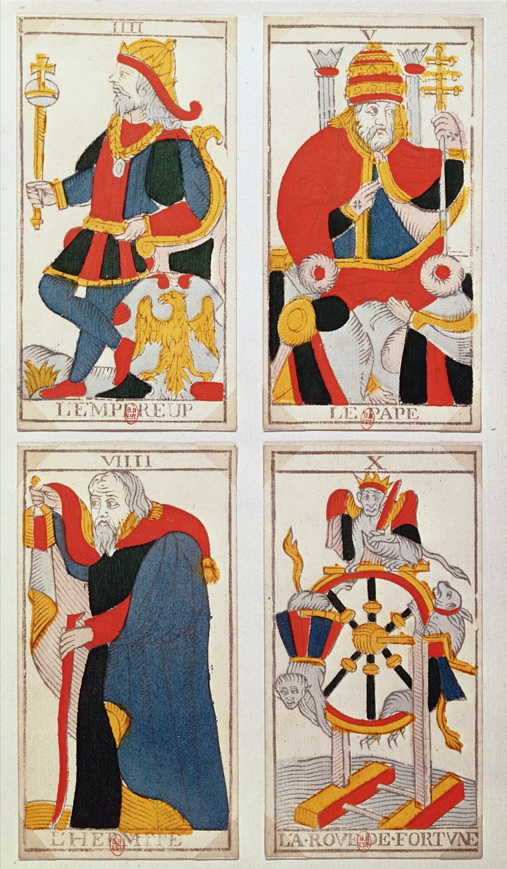 Fire tarotkort som viser keiseren, paven, eremitten og lykkehjulet (farget tregravering) av French School