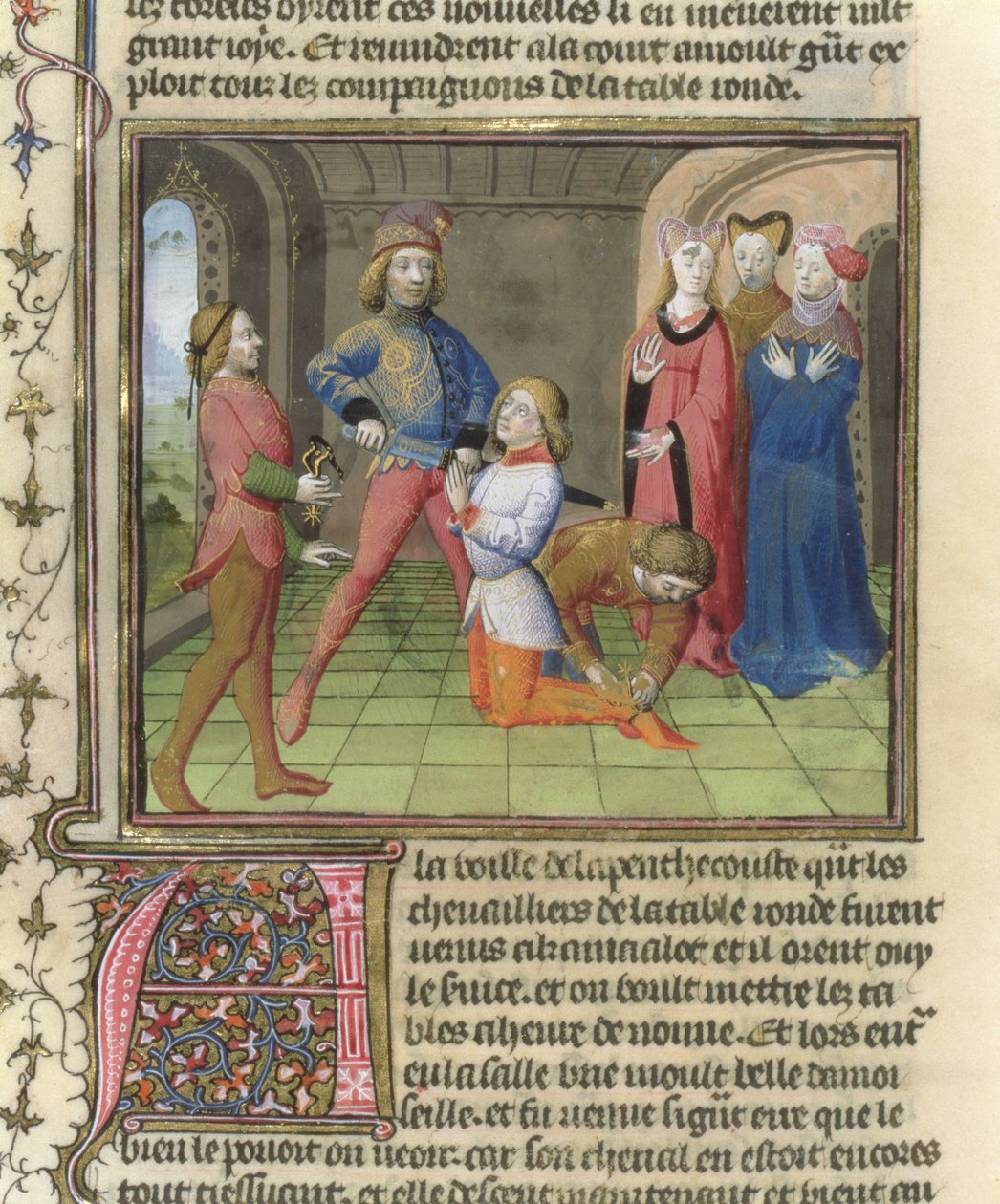 Fr.120 f.522v The Knighting of Lancelot fra The Story of Lancelot i La Quite de Saint Graal av French School