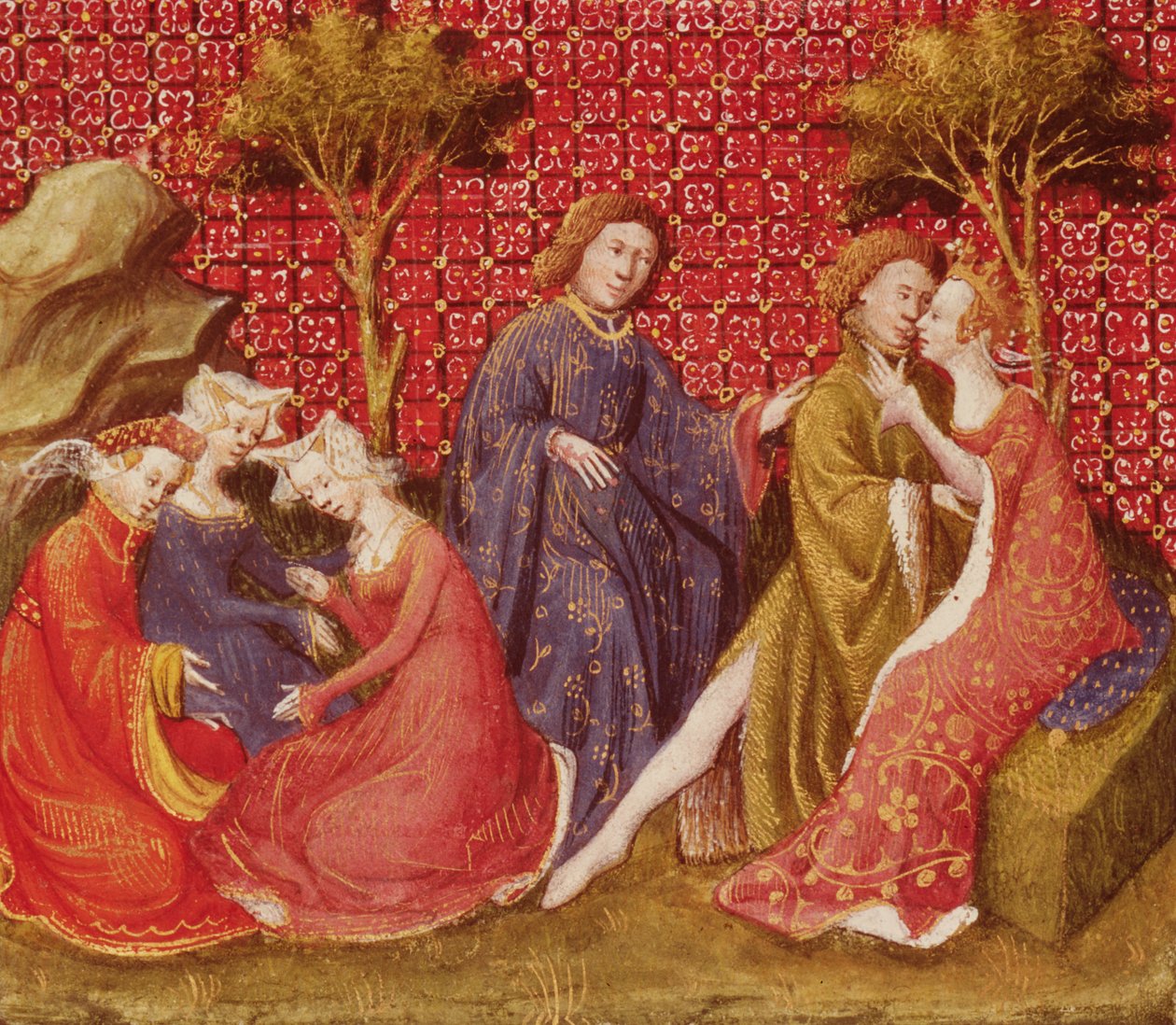 Fr 118 f.219v Hvordan Lancelot kysset Guinevere for første gang, fra Lancelot du Lac av French School