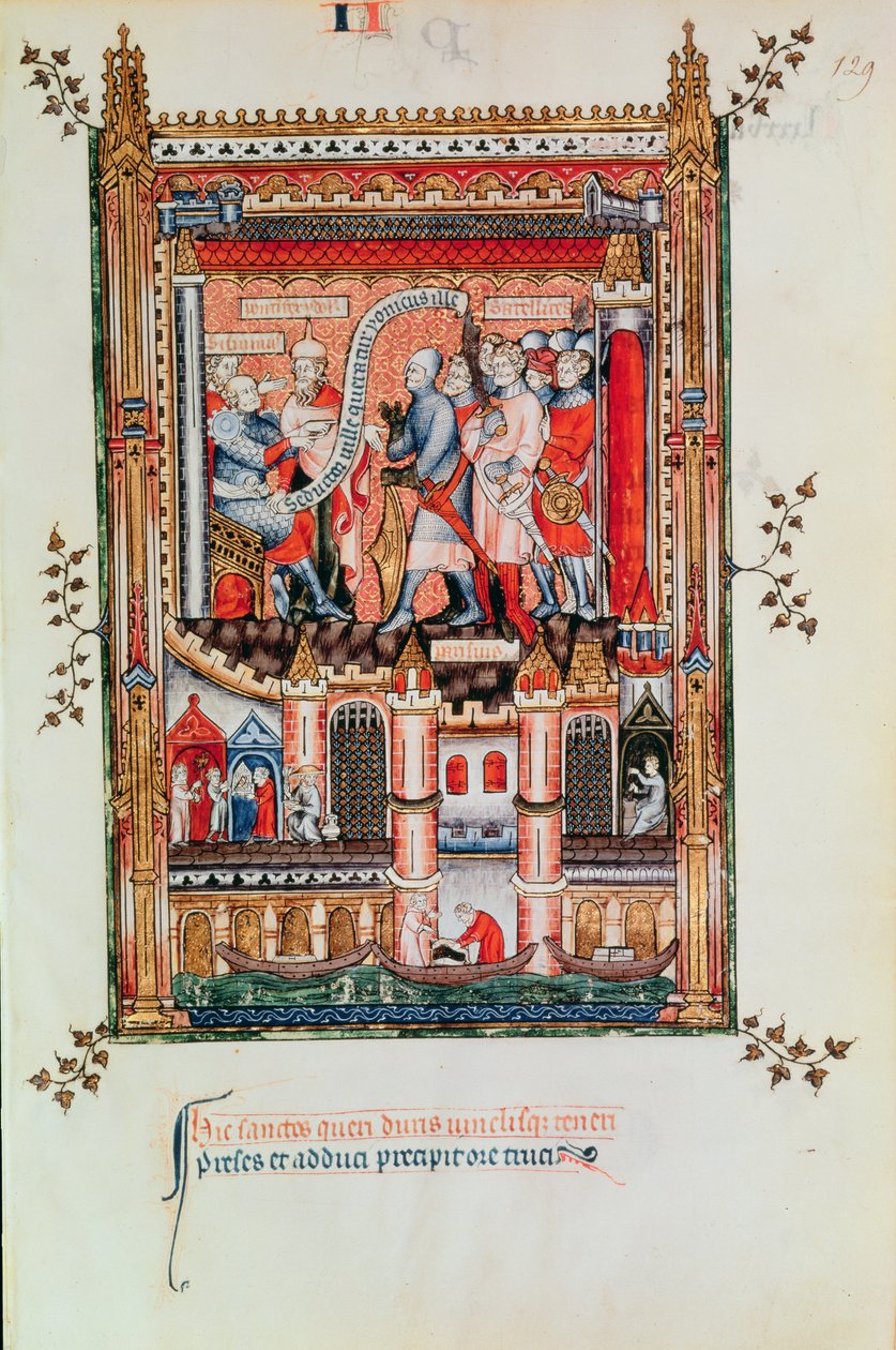 Fr 2091 fol.129 Sisinnius ga ordre til St. Denis og hans ledsagere brakt foran ham, fra Vie de St. Denis, 1317 av French School