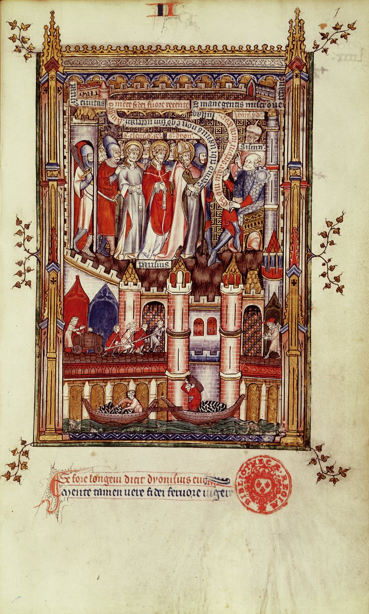 Fr 2092 f.1 Det første avhøret av St. Denis og hans ledsagere av Sisinnius, fra Vie de St. Denis, 1317 av French School
