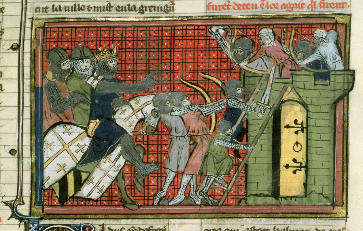 Fr 22495 f.36r Angrep på en by, fra Le Roman de Godefroi de Bouillon av French School