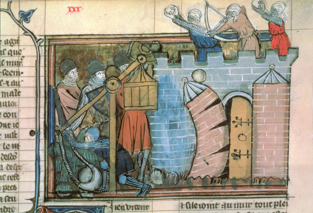 Fr 22495 fol.30 Et angrep på en by under korstogene, fra Le Roman de Godefroi de Bouillon av French School
