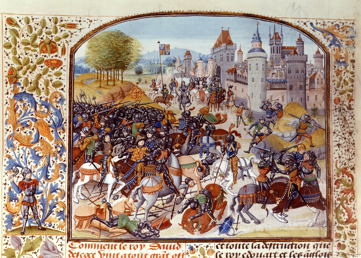 Fr 2643 f.97v Slaget ved Nevilles Cross fra hundreårskrigen i 1346, fra Froissarts Chronicle av French School