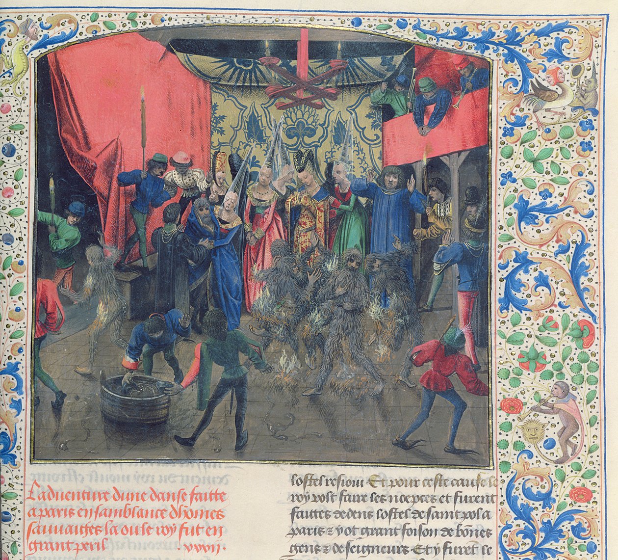 Fr 2646 f.176 Bal des Ardents, Charles ble reddet av hertuginnen av Berry etter at Louis av Orleans satte fyr på dansernes kostymer, 1392, fra Froissarts Chronicle av French School