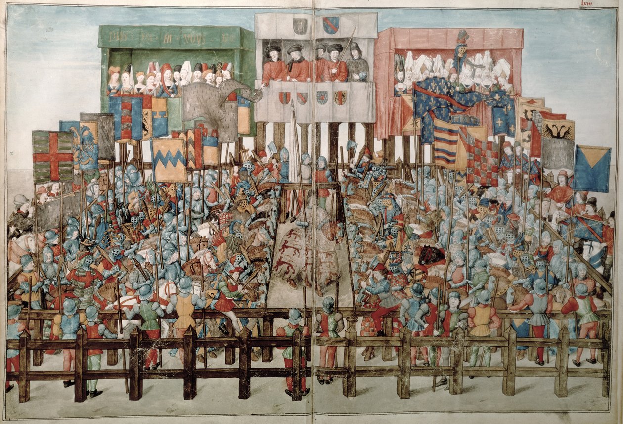 Fr 2692 f.62v-63r Kong Rene som leder en jousting-turnering, fra Livre des Tournois de Rene dAnjou, c.1488-89 av French School