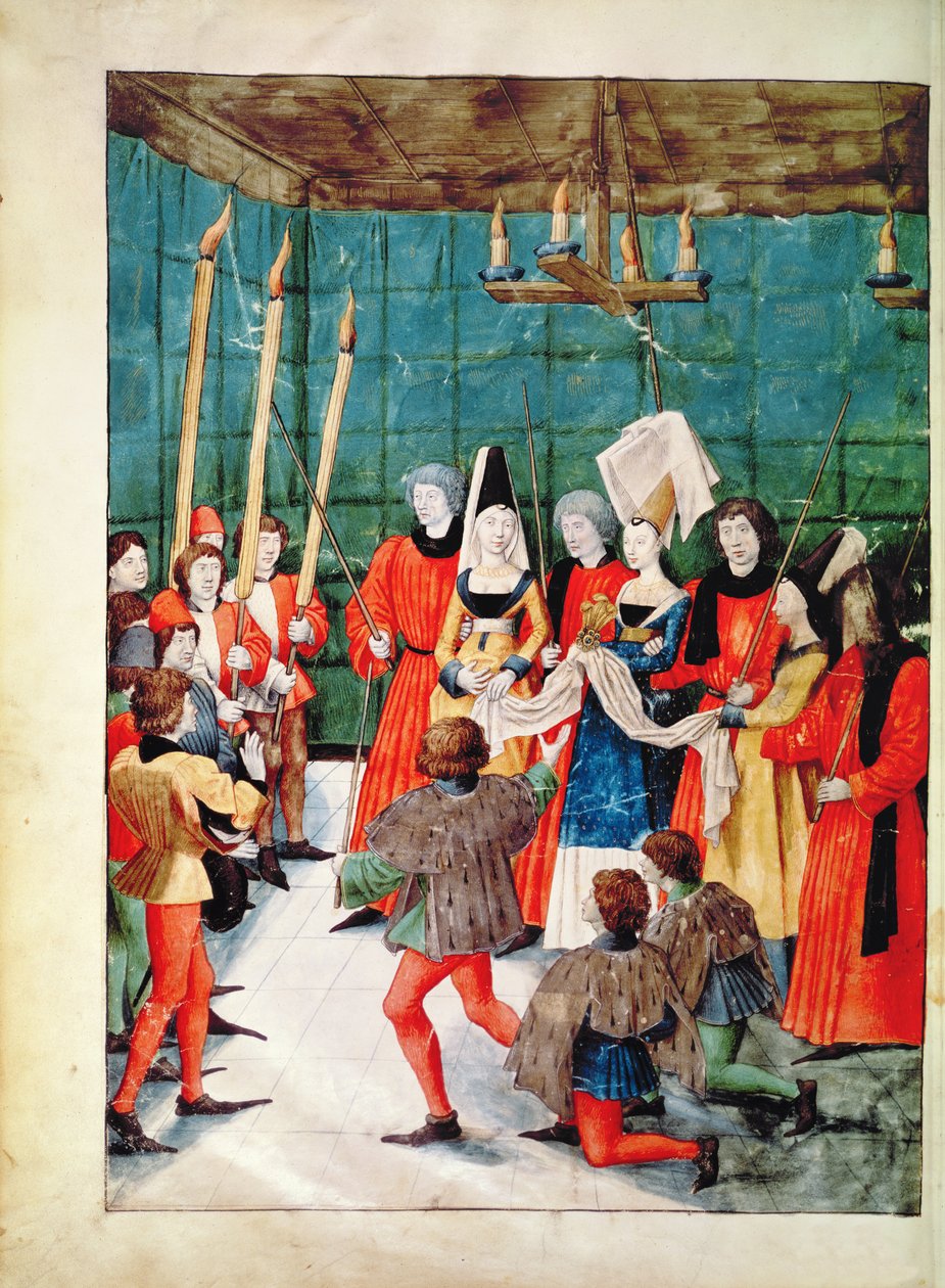 Fr 2692 f.70v Dronningen overrekker prisen for en jousting-turnering, fra Livre des Tournois de Rene dAnjou, c.1488-89 av French School