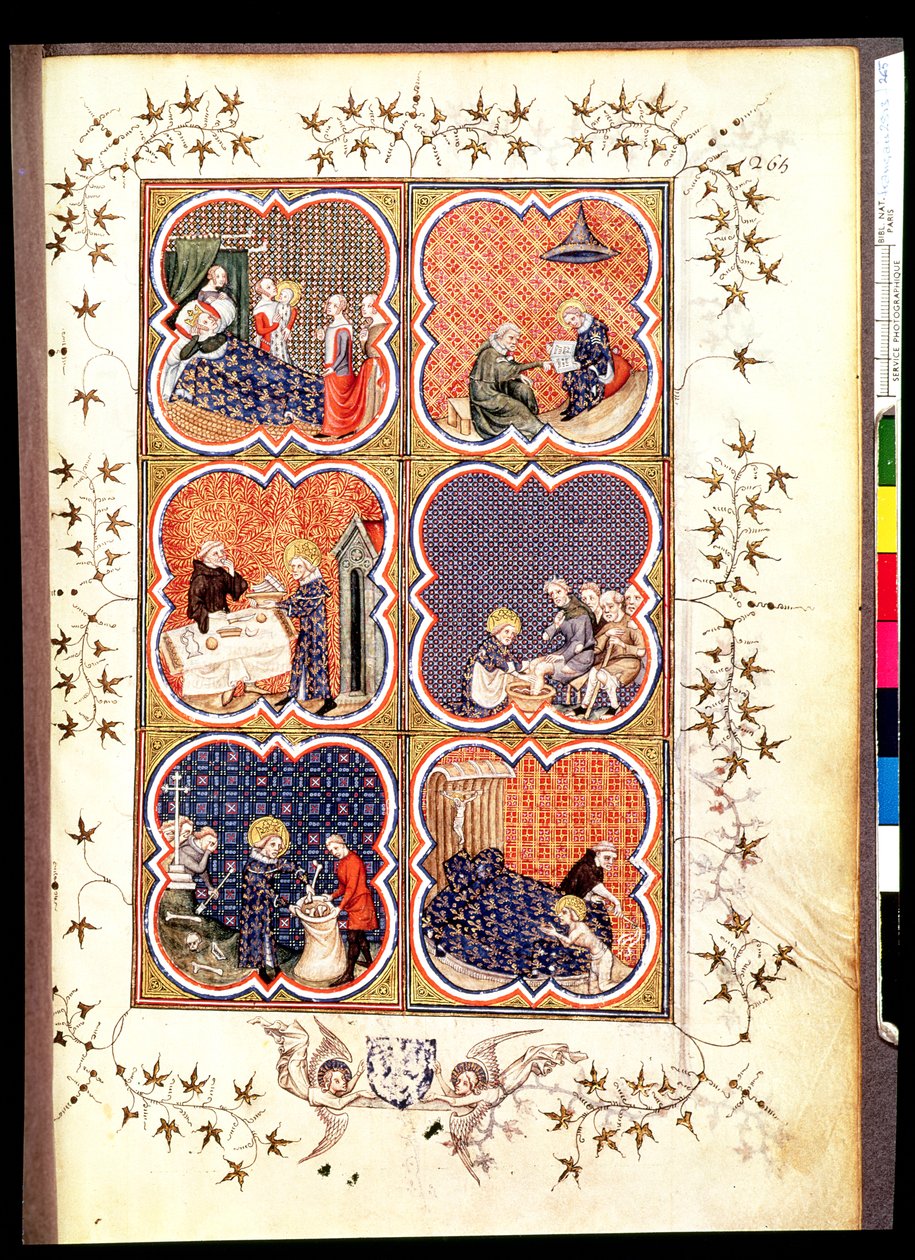 Fr 2813 f.265 Seks scener fra livet til Saint Louis (1215-70), fra Grandes Chroniques de France, 1375-79 av French School