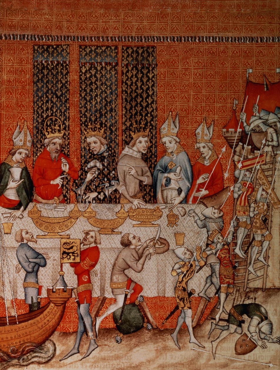 Fr 2813 f.473 Bankettscene, fra Grandes Chroniques de France, 1375-79 av French School