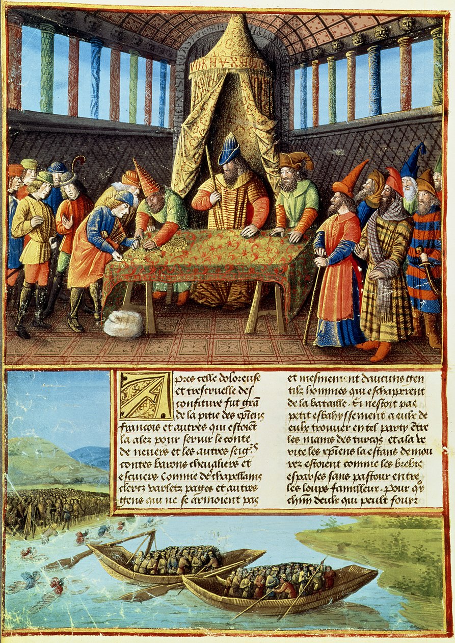 Fr 5594 f.267v Bayezid I mottar løsepenger, fra Passages faits Outremer skrevet av Sebastien Mamerot, c.1490 av French School