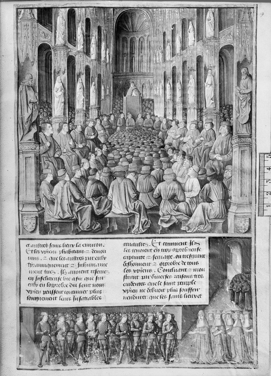 Fr 5594 fol.19 Hvordan pave Urban II (1042-99) forkynte gjenerobringen av Den hellige gravs kirke ved konsilet i Clermont-Ferrand, illustrasjon fra Les Passages dOutre-Mer av Sebastien Mamerot de So av French School