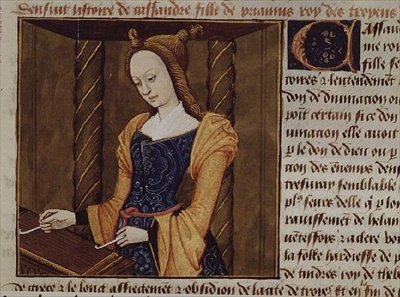 Fr 599 f.29 Cassandra spiller en siter, fra `Des Cleres et Nobles Femmes av French School