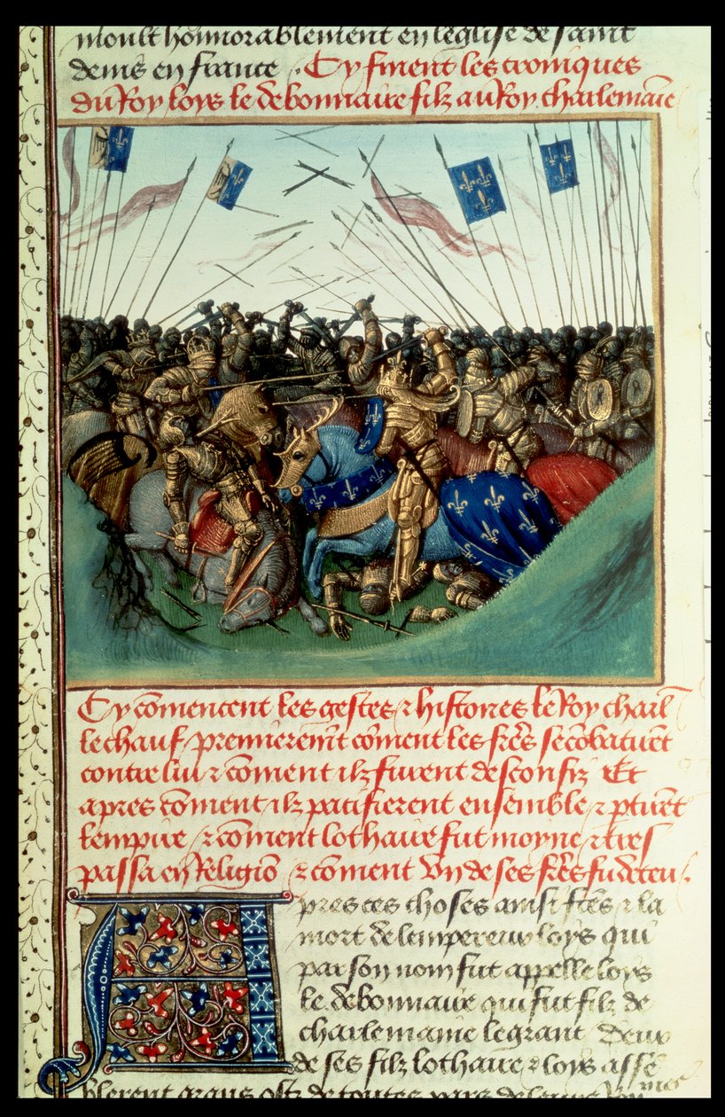 Fr 6465 f.140 Lothair I (795-855) Keiser av Vesten i kamp med sine brødre Ludvig den tyske (ca. 804-76) og Karl den skallede (823-77) ved Fontenoy en Puisaye i 841 av French School