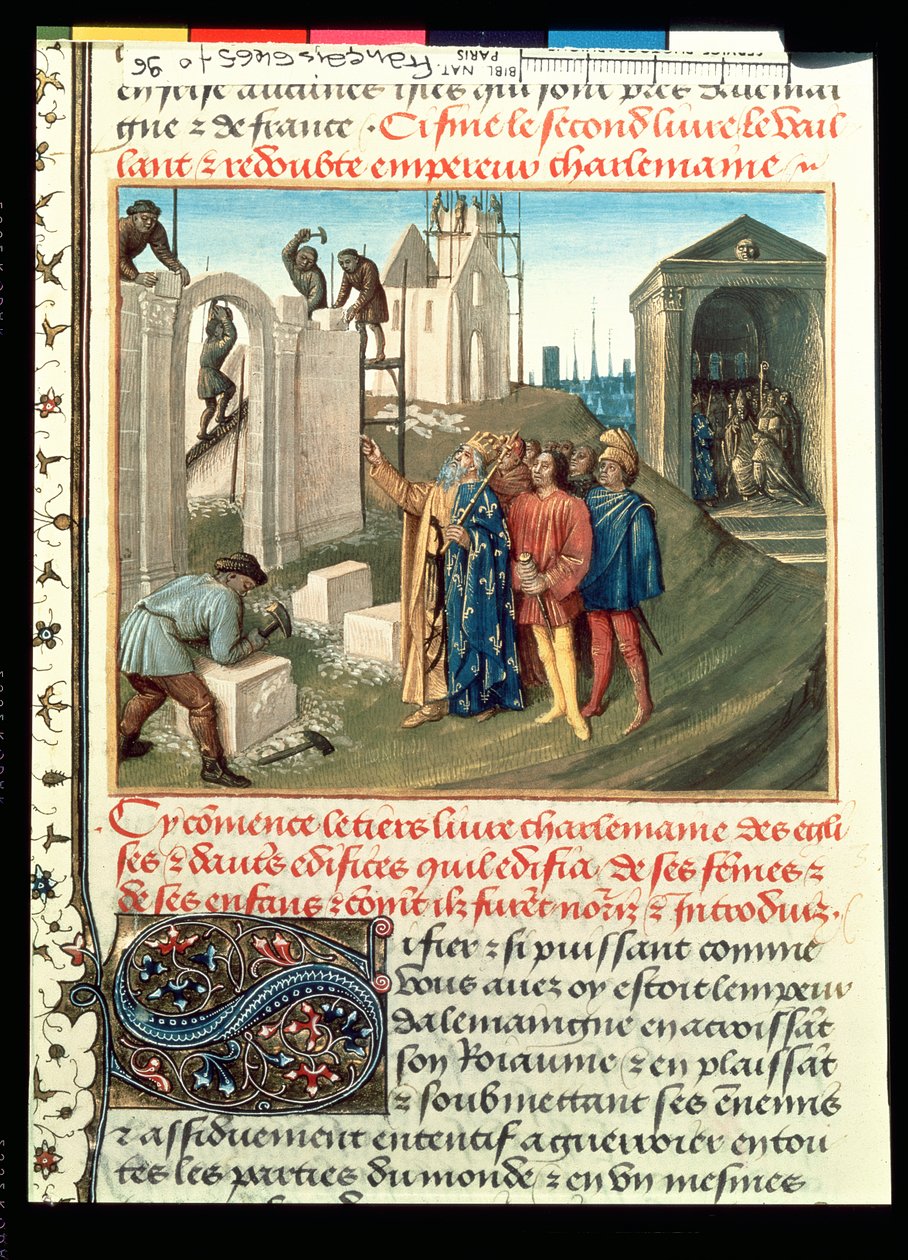 Fr 6465 f.96 Bygging av kirken i Aix La Chapelle av Charlemagne (742-814) av French School