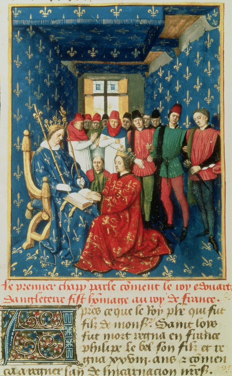 Fr 6465 fol.301v Edward I (1239-1307) hyller kongen av Frankrike, Philippe IV le Bel (1268-1314), for hertugdømmet Aquitaine av French School