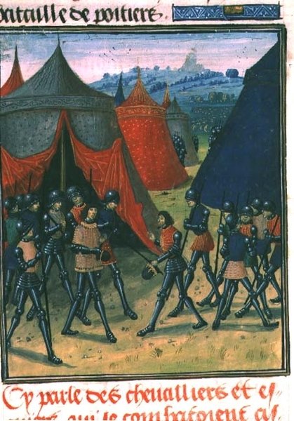 Fr 87 fol.8 Prinsen av Wales mottar kongen av Frankrike (vellum) av French School