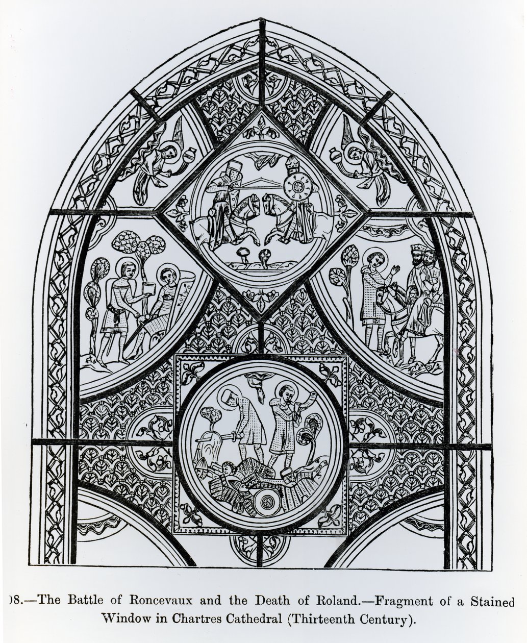 Fragment av et glassmaleri i Chartres katedral, som viser slaget ved Ronceveaux og Rolands død, illustrasjon fra vitenskap og litteratur i middelalderen og renessansen, skrevet av French School