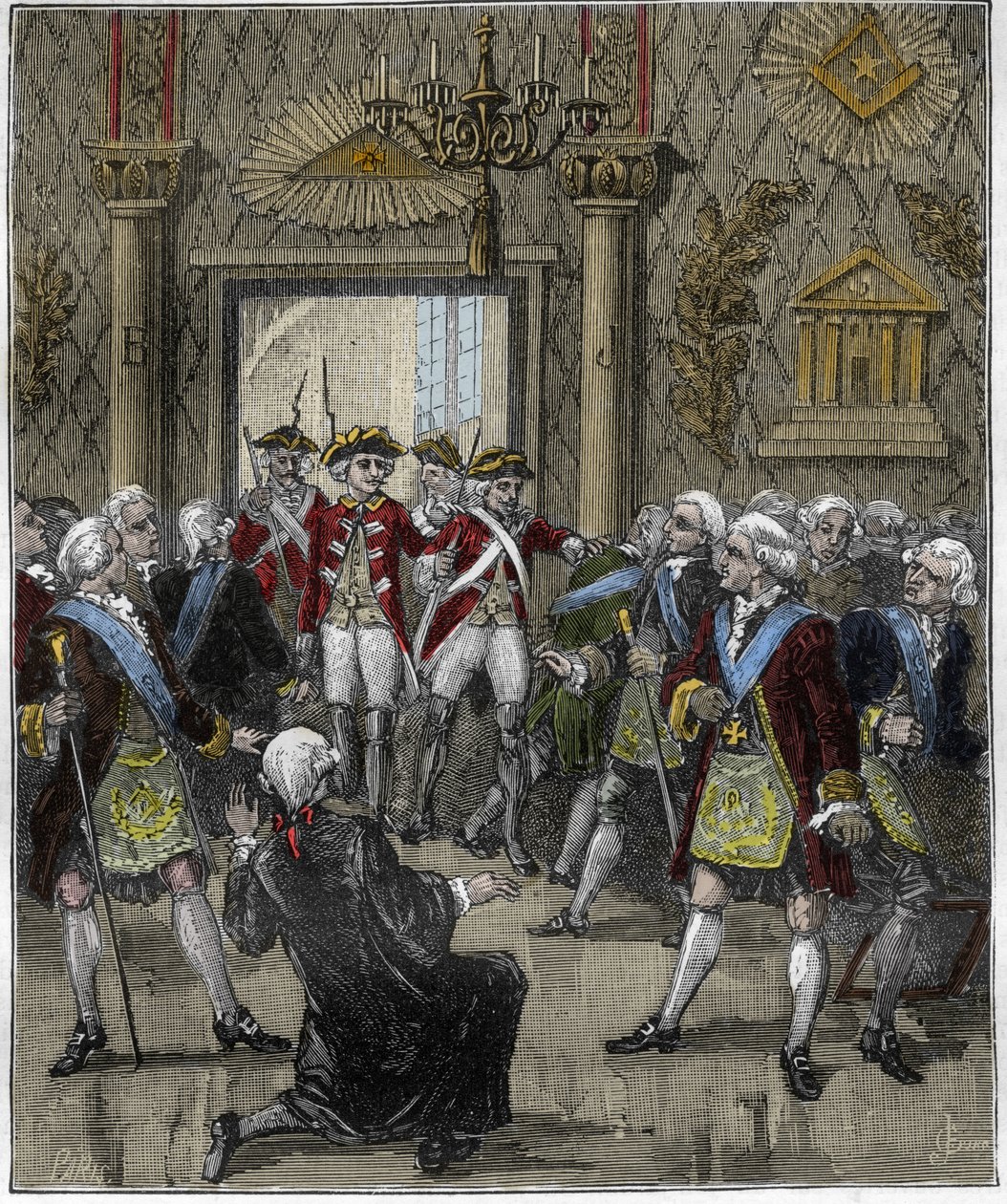 Franc-Maconnerie (Franc Maconnerie) på Hotel de Soisson i Paris i juni 1745: Franco-macon-seremoni avbrutt av ankomsten av en politikommissær. Gravering i "" Paris gjennom århundrene "", Gourdon de Kenouillac 1880.. av French School