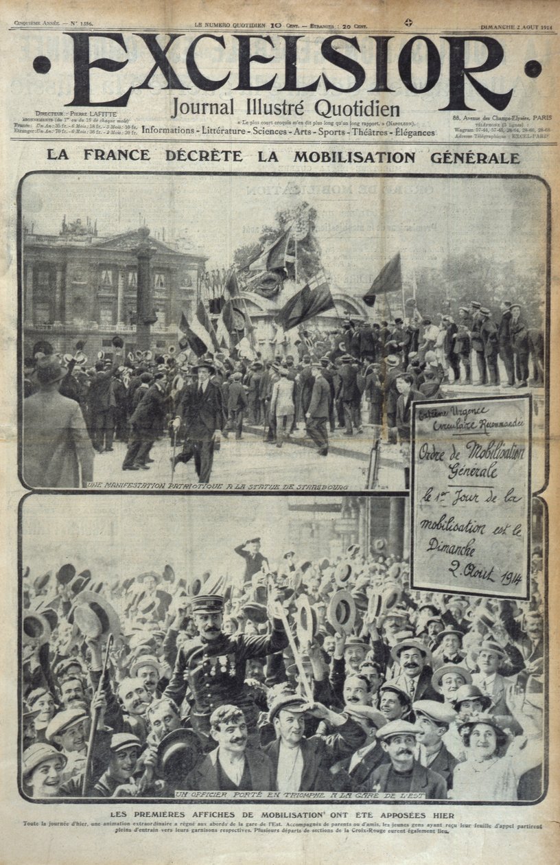 Frankrike erklærer generell mobilisering 2. august 1914, omslagsillustrasjon av Excelsior søndag 2. august 1914 av French School